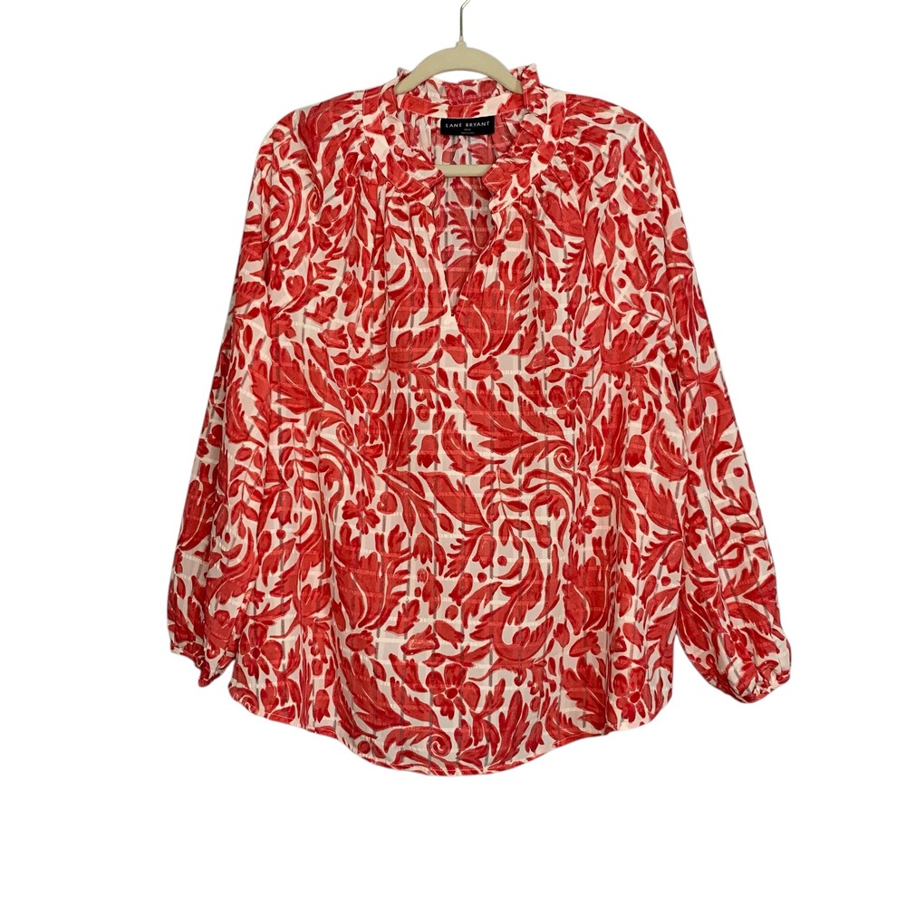 Lane Bryant Red Floral Blouse Women's Plus Size‎ 14/16 Long Sleeve
